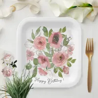 Watercolor Pink flowers on White Paper Plates