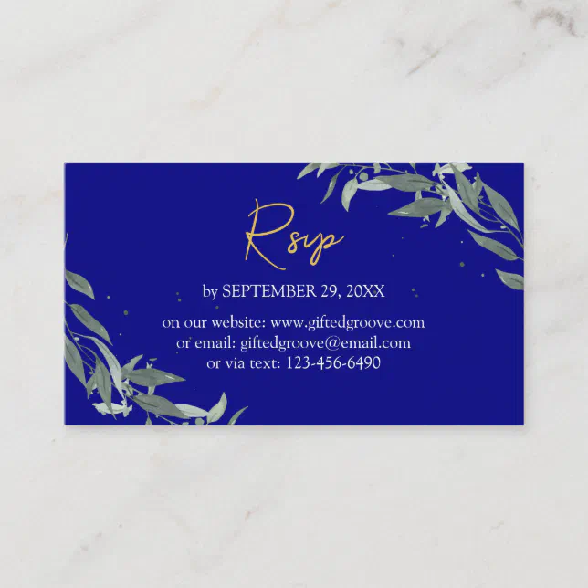 Simple Eucalyptus Greenery Navy Blue and Gold RSVP Business Card