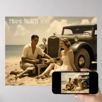 1930s retro picnic on the beach by a roadster poster