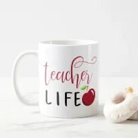 teacher life red apple typography teachers coffee mug