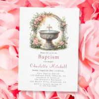 Pink Floral Elegant Cross Baptism  Invitation