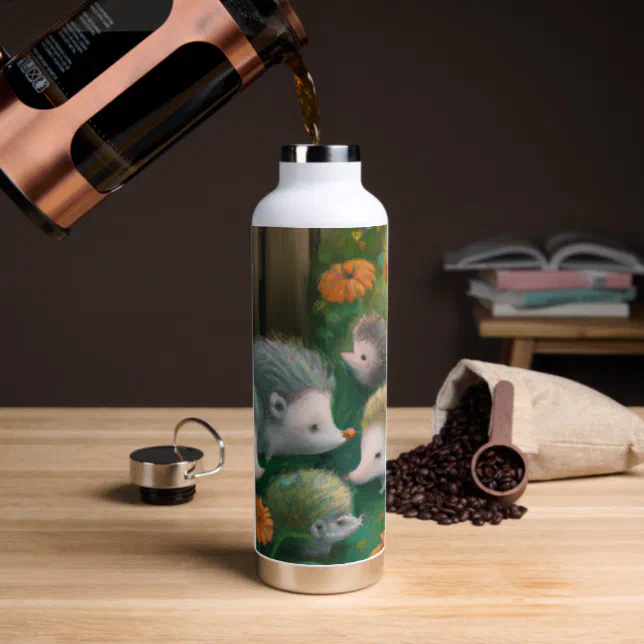 Whimsical Hedgehog Family Picnicking in the Garden Water Bottle