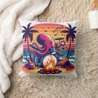 Octopus Playing Drums by Campfire at Sunset Throw Pillow