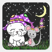 Witch on Moon Cat and Mouse Halloween Square Sticker