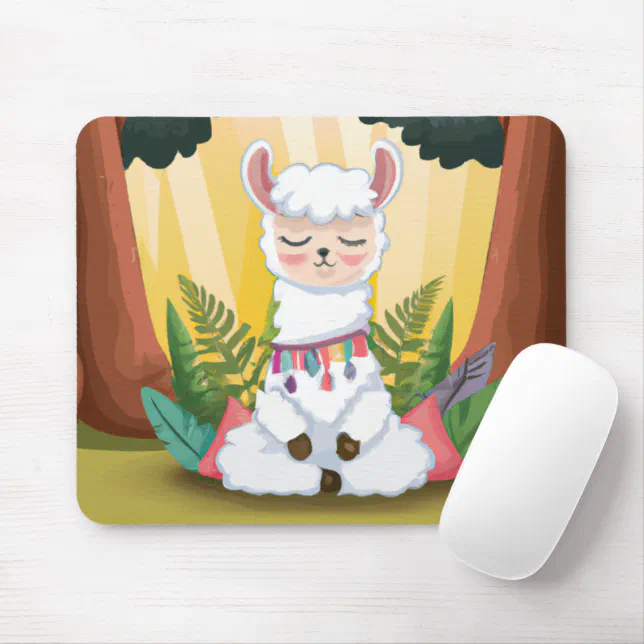 Cute Llama Meditating in Magical Forest Mouse Pad