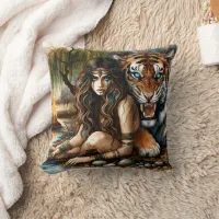 Native American Woman With Tiger by a River Throw Pillow