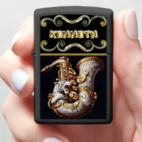 Gold Saxophone with Intricate Tiger Zippo Lighter