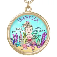 Blonde Pink Mermaid Ocean Scene Girl's Gold Plated Necklace