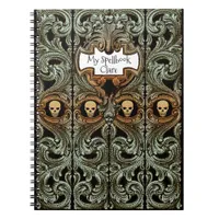 Personalized Goth Green Ornament & Skull Spellbook Notebook