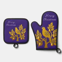 Partridge In A Pear Tree Purple Merry Christmas Oven Mitt & Pot Holder Set