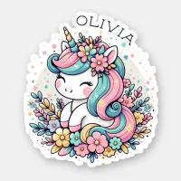 Pink and Blue Unicorn and Flowers Personalized Sticker