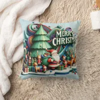 Festive winter wonderland with Santa and reindeer Throw Pillow