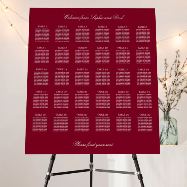 Burgundy 30 Table Wedding Seating Chart Foam Board