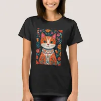 Whimsical Folk Art Cat and Flowers T-Shirt