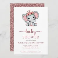 Rose Gold Glitter Princess Elephant Baby Girl Invitation