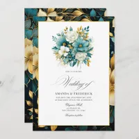 Teal and Gold Floral Wedding Invitation