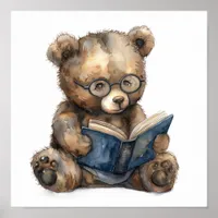 Nursery Art Poster Bear Reading with Eyeglasses