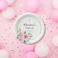 Elegant Watercolor Pink Rose Baptism Paper Plate