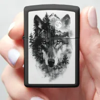 Wolf merges with moonlit forest scene zippo lighter