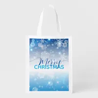 Shiny Blue Winter Wonderland Crystal Snowflakes Grocery Bag