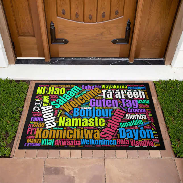 Colorful Welcome in Many Languages Word Cloud V3 Doormat