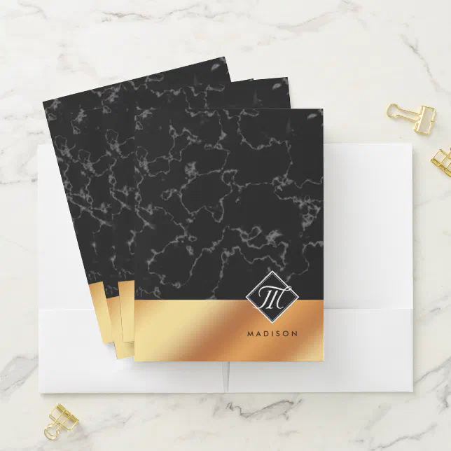 Elegant Black Marble & Copper Foil Monogram Pocket Folder