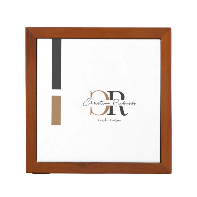 Black Gold Monogram Simple Modern Desk Organizer