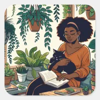 Woman Relaxing with her cat, book and plants Square Sticker