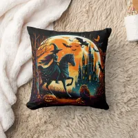 Spooky witch riding a horse under a full moon throw pillow