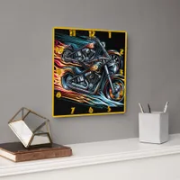 Dynamic fiery motorcycle racing through the night square wall clock