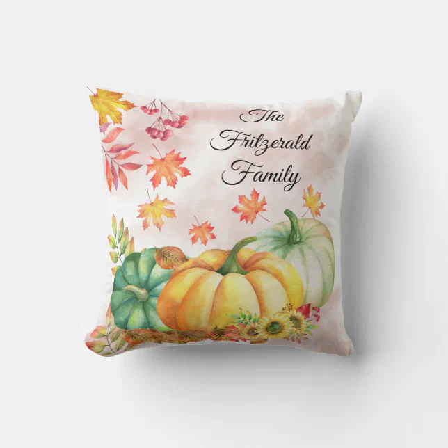 Watercolor Fall Leaves and Pumpkin Name Monogram  Throw Pillow