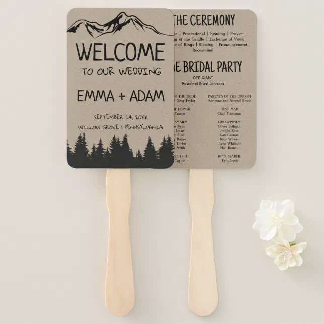 Rustic Woodsy Mountain Wedding Program Hand Fan