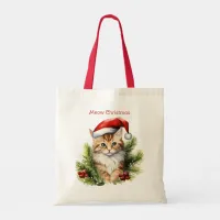 Cute Kitten as Santa Christrmas Cat Watercolor Art Tote Bag