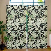 Soft Green foliage leaves on Black | Blackout Curtains