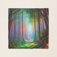 Dreamy Rainbow Colored Forest Trail Digital AI Art Scarf