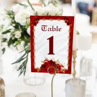 Elegant White Gold Red Roses Wedding Table Number