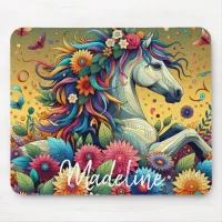 Pretty Whimsical Colorful Flowers and White Horse Mouse Pad