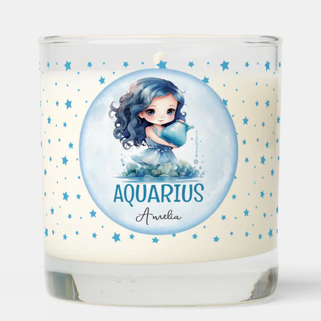 Cute Watercolor Illustration Aquarius Zodiac Name Scented Candle