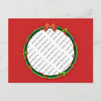 Christmas Wreath Add Your Photo & Red Background Holiday Postcard