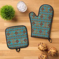 Southwest Mountain Peaks Turquoise Geometric  Oven Mitt & Pot Holder Set