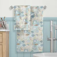 Seashells Aqua Blue Brown Beach Coastal Bath Towel Set