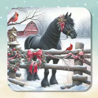 Festive Black Horse and Cardinal Christmas Square Sticker