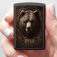 Grizzly Portrait on Carved Leather Zippo Lighter