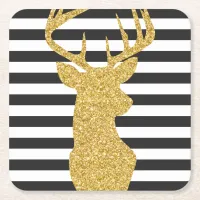 Gold Glitter Deer Black & White Stripes Square Paper Coaster