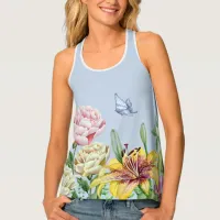 Yellow Lily, Pink and White Peonies, and Butterfly Tank Top