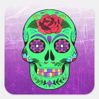 Sugar Skull Halloween Lime Green  Purple Square Sticker