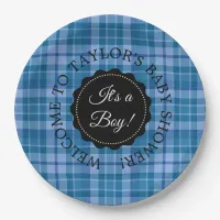 Personalized Baby Shower Blue Plaid Paper Plates