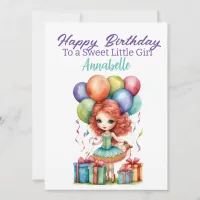 Cute Birthday Girl with Balloons & Presents Card