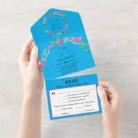 Pink Floral Greenery Sky Blue Elegant Wedding RSVP All In One Invitation