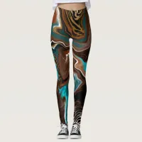 Brown and Blue Marble Swirl Fluid Art   Leggings